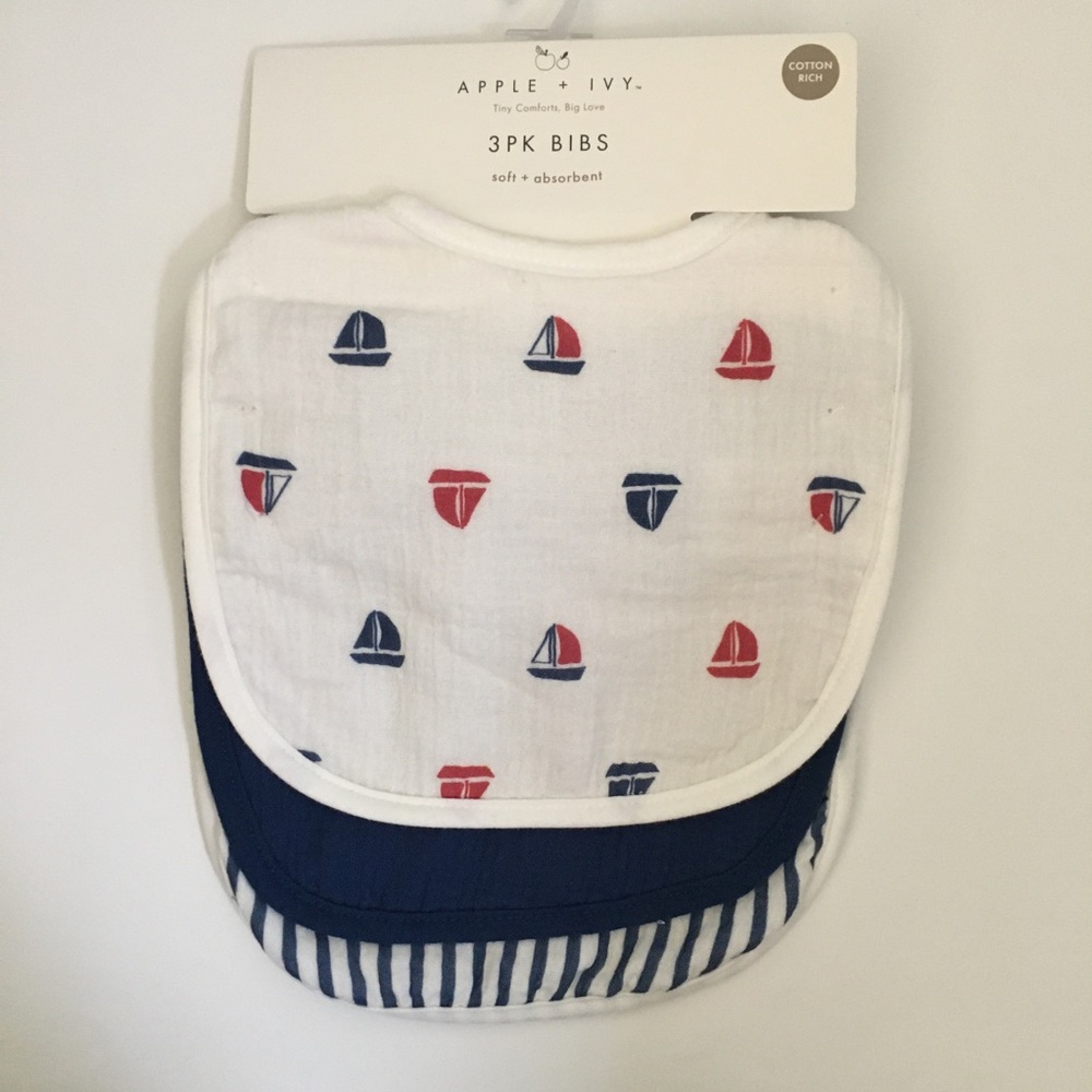 Baby Burp Cloths 3pk Cotton Sailboat Theme Soft Absorbent NEW | Apple + Ivy